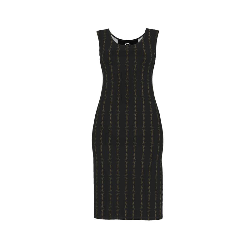 Black bodycon dress with gold-toned vertical stripe pattern, sleeveless and crew neck