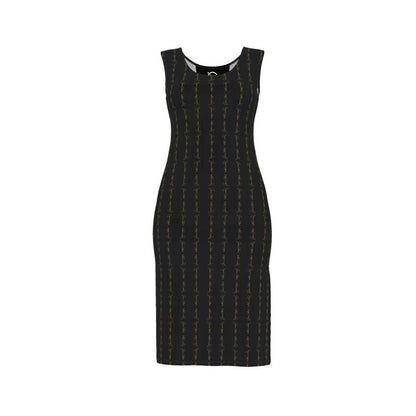 Black bodycon dress with gold-toned vertical stripe pattern, sleeveless and crew neck