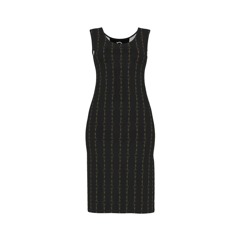 Black bodycon dress with gold-toned vertical stripes, sleeveless, fitted knee-length
