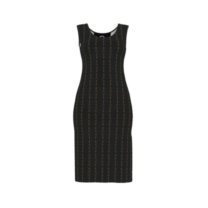 Black bodycon dress with gold-toned vertical stripes, sleeveless, fitted knee-length