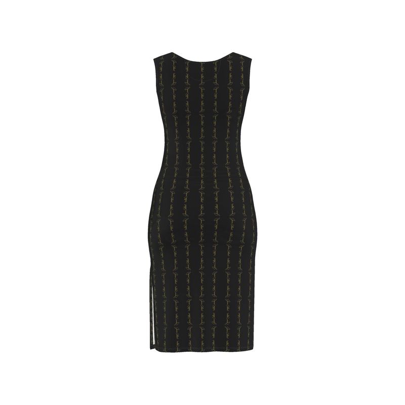 Black bodycon dress with gold-toned vertical stripe pattern, sleeveless, back view