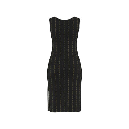 Black bodycon dress with gold-toned vertical stripe pattern, sleeveless, back view
