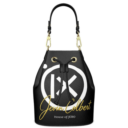 Black leather bucket bag with drawstring top, gold-tone rings, and grab handles.