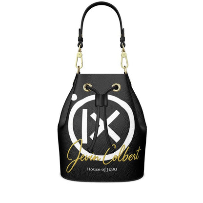 Black leather bucket bag with graphic logo, drawstring top, and gold-tone handle rings.