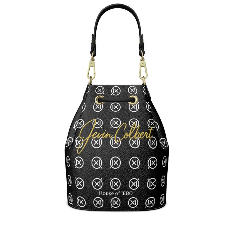 Black leather bucket bag with logo pattern, drawstring top, and gold-tone handle hardware.