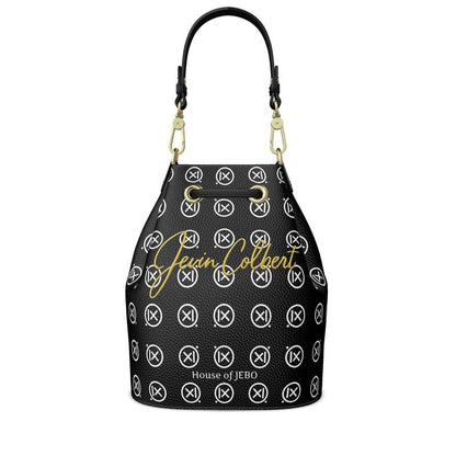 Black leather bucket bag with logo pattern, drawstring top, and gold-tone handle hardware.