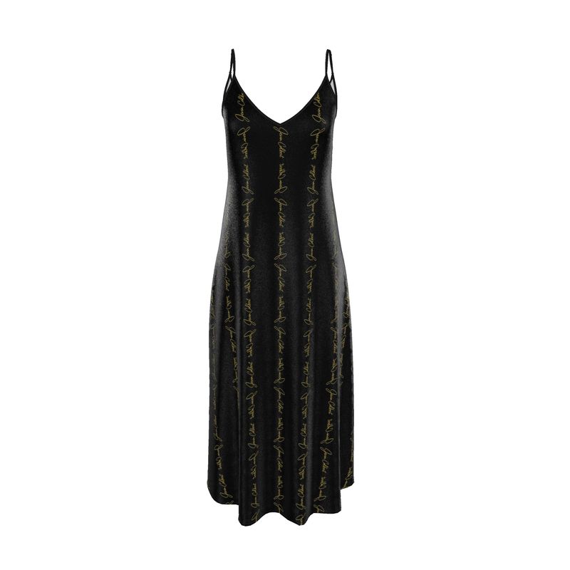 Black slip dress with thin spaghetti straps and V-neck, allover script print