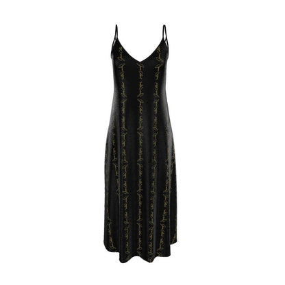 Black slip dress with thin spaghetti straps and V-neck, allover script print
