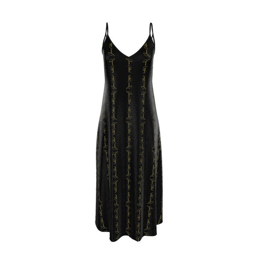 Black slip dress with thin spaghetti straps and V-neck, allover script print