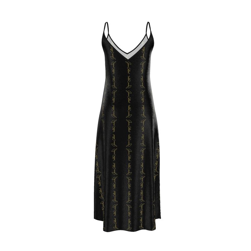 Black slip dress with V-neckline and thin straps, subtle script print, midi length