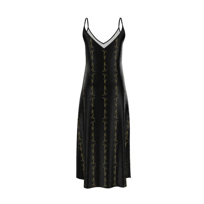 Black slip dress with V-neckline and thin straps, subtle script print, midi length