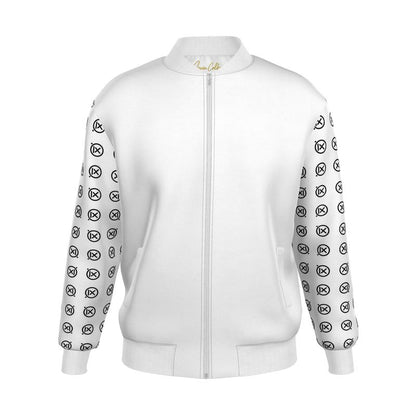 Men's white bomber jacket with front zipper, ribbed cuffs, patterned logo sleeves