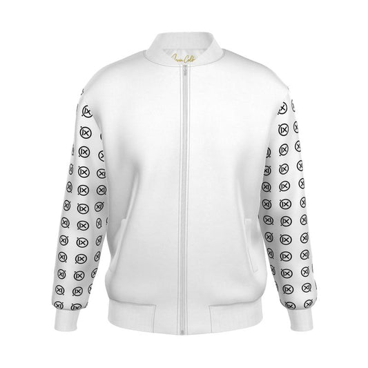Men's white bomber jacket with front zipper, ribbed cuffs, patterned logo sleeves