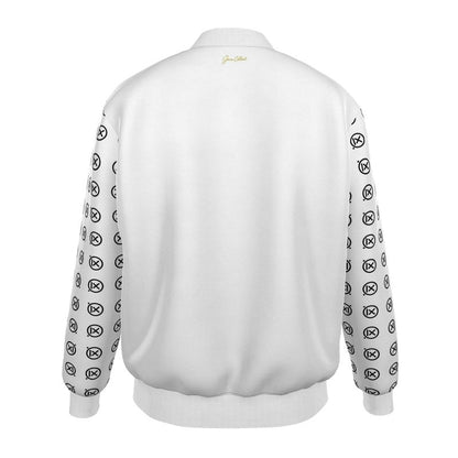 Men's white bomber jacket back view with ribbed hem and patterned logo sleeves