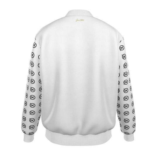 Men's white bomber jacket back view with ribbed hem and patterned logo sleeves
