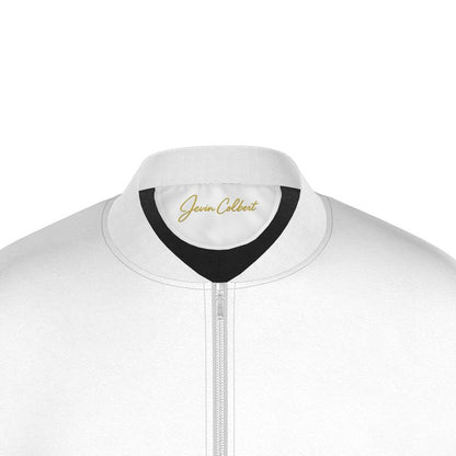 Men's white bomber jacket stand collar close-up with zipper, Jevin Colbert label