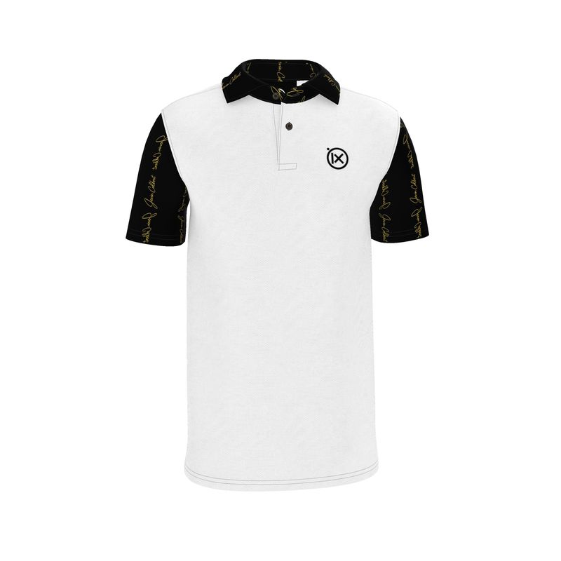Men's white polo shirt with black collar and gold-script sleeves