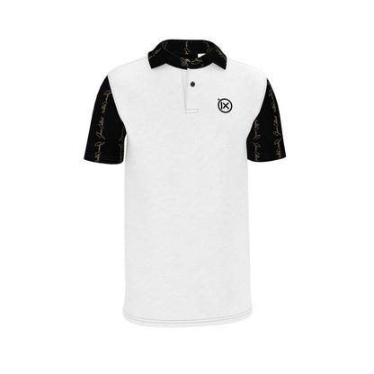 Men's white polo shirt with black collar and gold-script sleeves