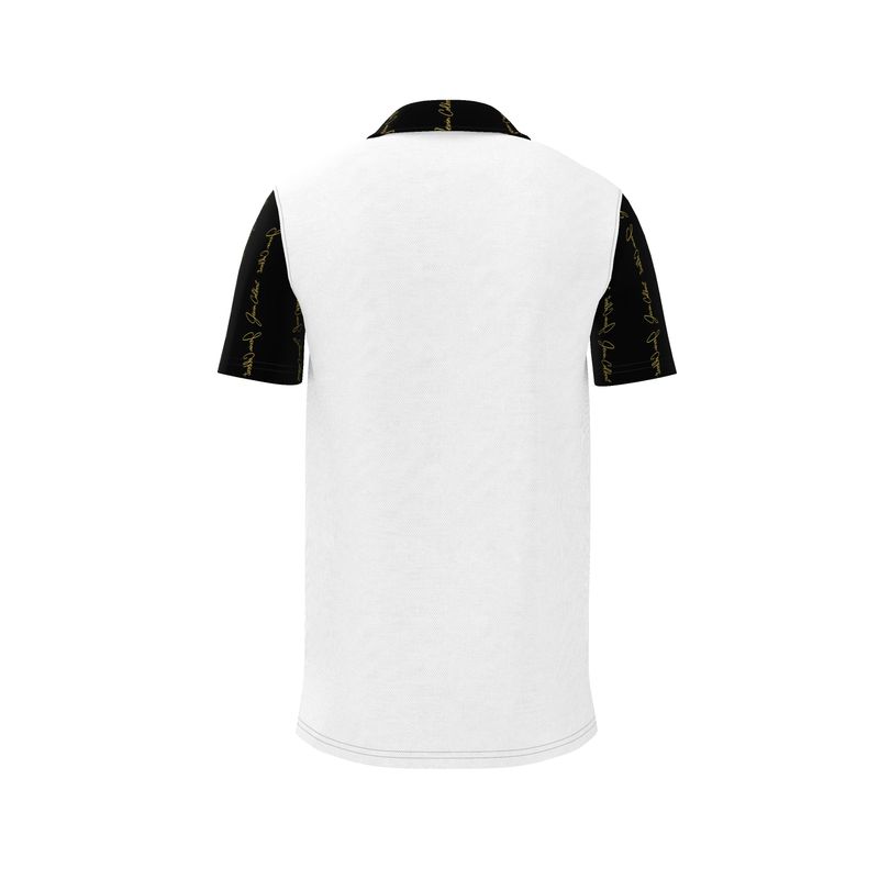 Men's white polo shirt back view with black sleeve cuffs
