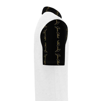 Men's white polo shirt side view with black sleeve panel and gold script