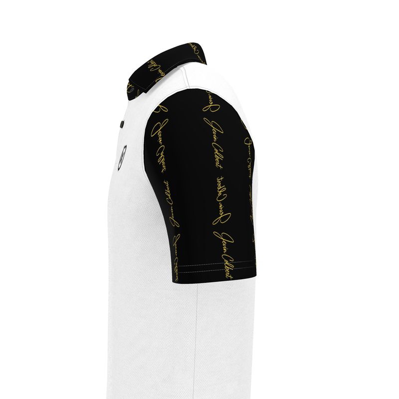 Men's white polo shirt side view with black sleeve cuff and gold lettering
