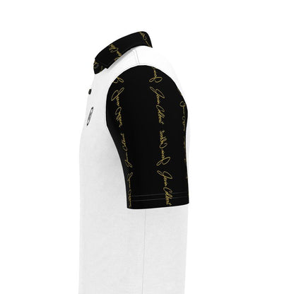 Men's white polo shirt side view with black sleeve cuff and gold lettering