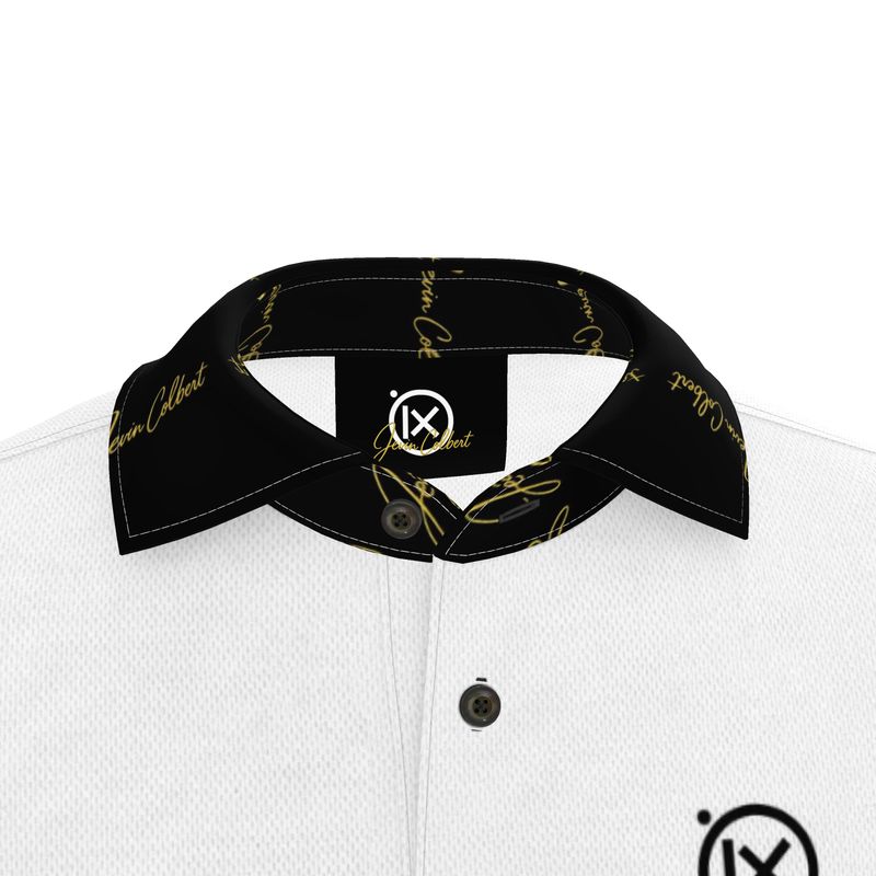 Men's polo shirt collar close-up with black band, gold logo, and button placket