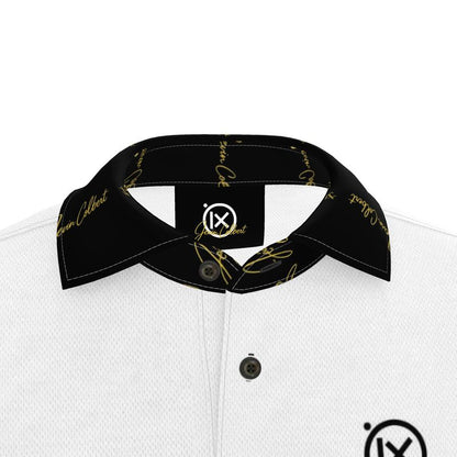 Men's polo shirt collar close-up with black band, gold logo, and button placket