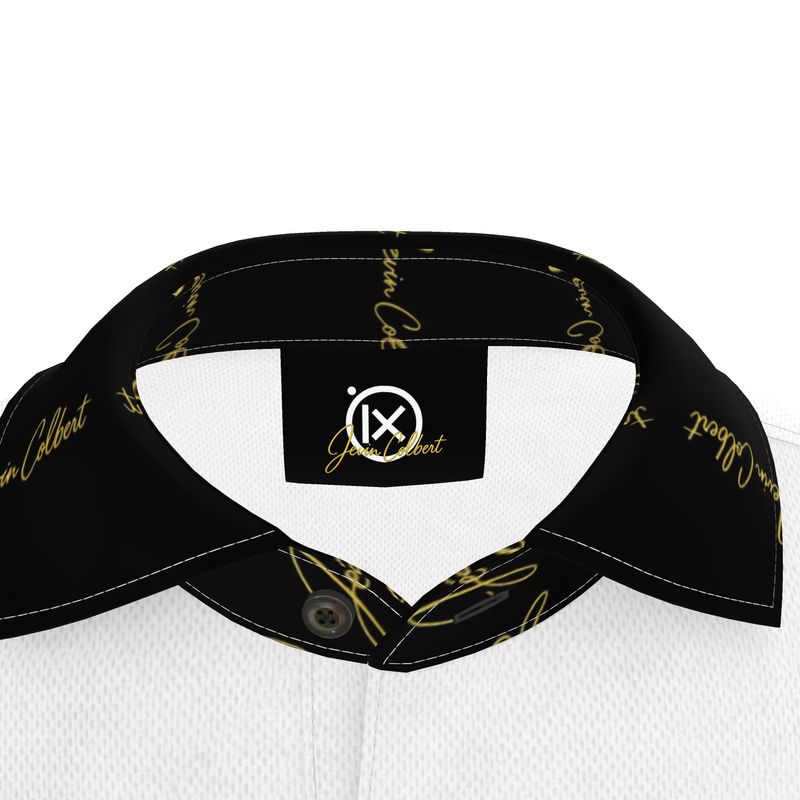 Men's polo shirt collar close-up with black inner band and gold logo patch