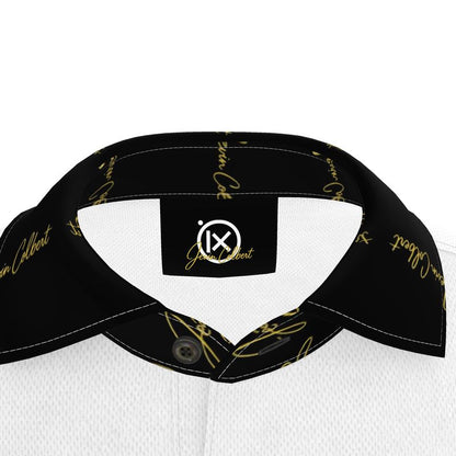 Men's polo shirt collar close-up with black inner band and gold logo patch
