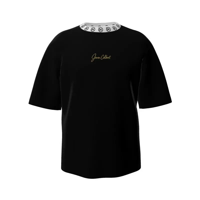 Black oversized men’s tee with Jevin Colbert chest logo and ribbed crew neckline