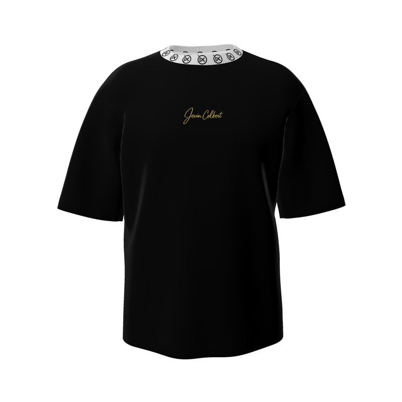 Black oversized men’s tee with Jevin Colbert chest logo and ribbed crew neckline