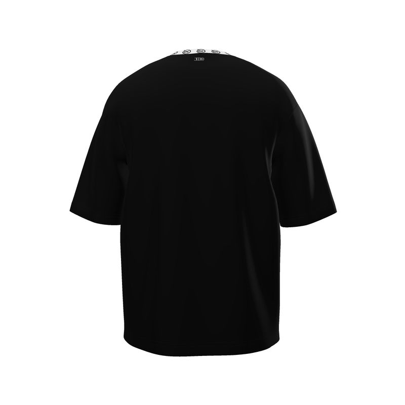 Black oversized men’s tee, back view, ribbed crew neckline with patterned trim