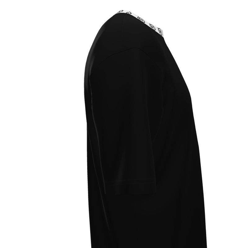 Black oversized men’s tee side view with patterned ribbed crew neckline trim