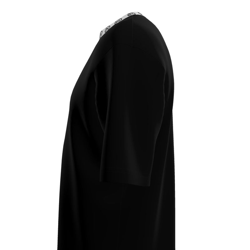 Black oversized men’s tee shoulder and sleeve side view with patterned neckline trim