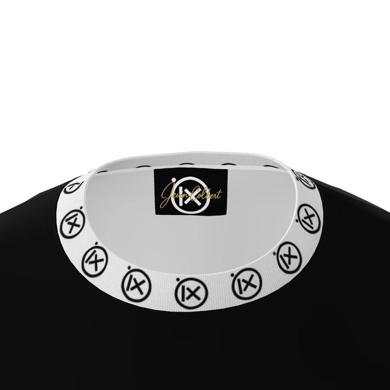 Black oversized men’s tee neckline closeup with white patterned ribbed collar trim