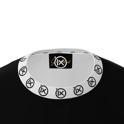 Black oversized men’s tee neckline closeup with white patterned ribbed collar trim