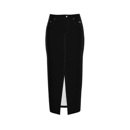 Black denim maxi skirt with front slit, button waist, and seamed panels