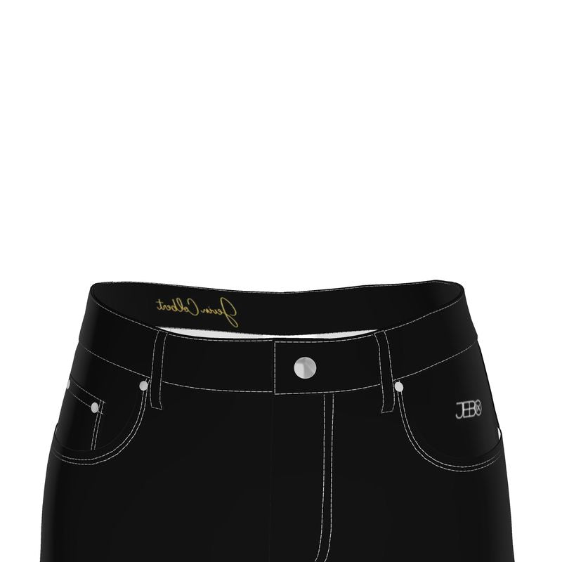 Black denim maxi skirt waistband close-up with button, belt loops, and front pockets