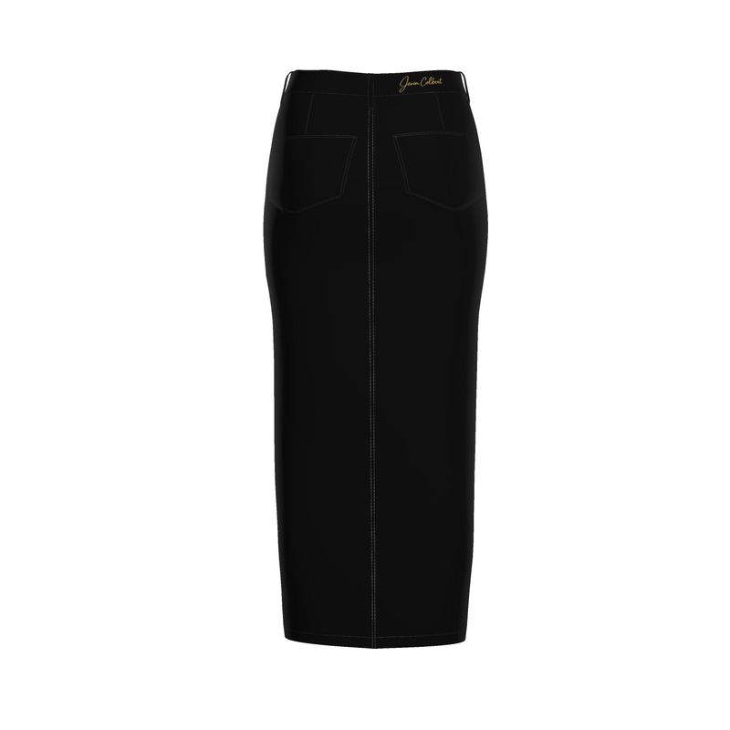 Black denim maxi skirt with straight silhouette, center seam, and front patch pockets