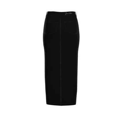 Black denim maxi skirt with straight silhouette, center seam, and front patch pockets