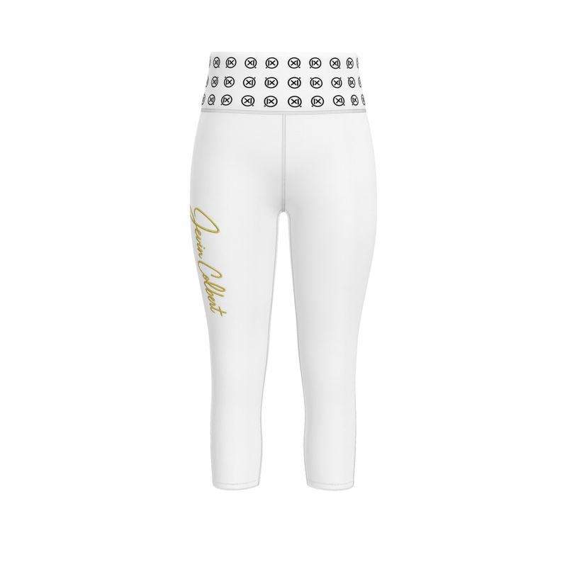 White sports leggings with logo waistband print and gold side script