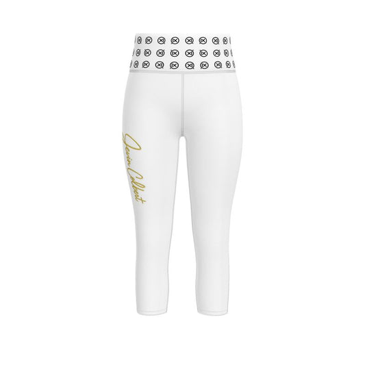 White sports leggings with logo waistband print and gold side script