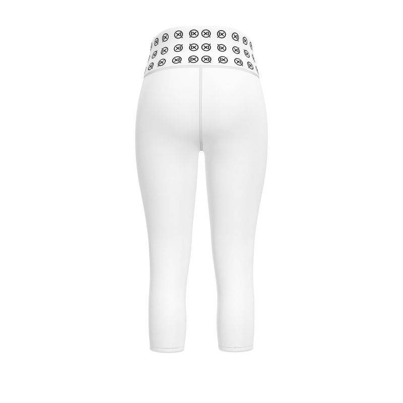 White sports leggings back view with black logo waistband and center seam