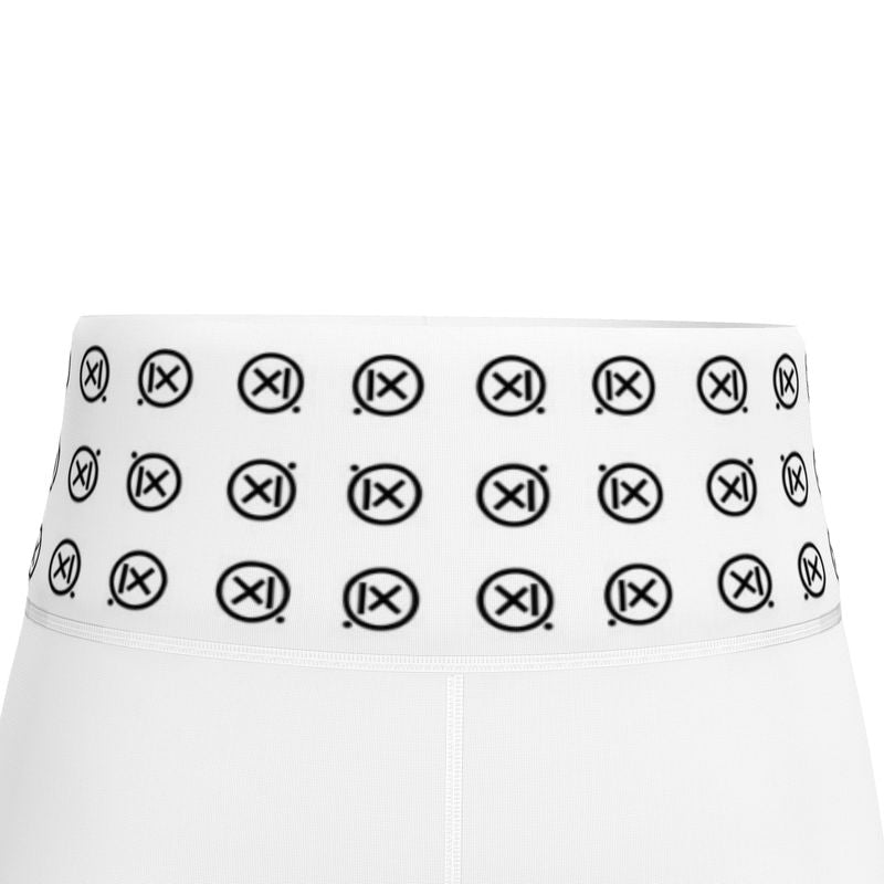 White sports leggings waistband with repeating black logo icon pattern