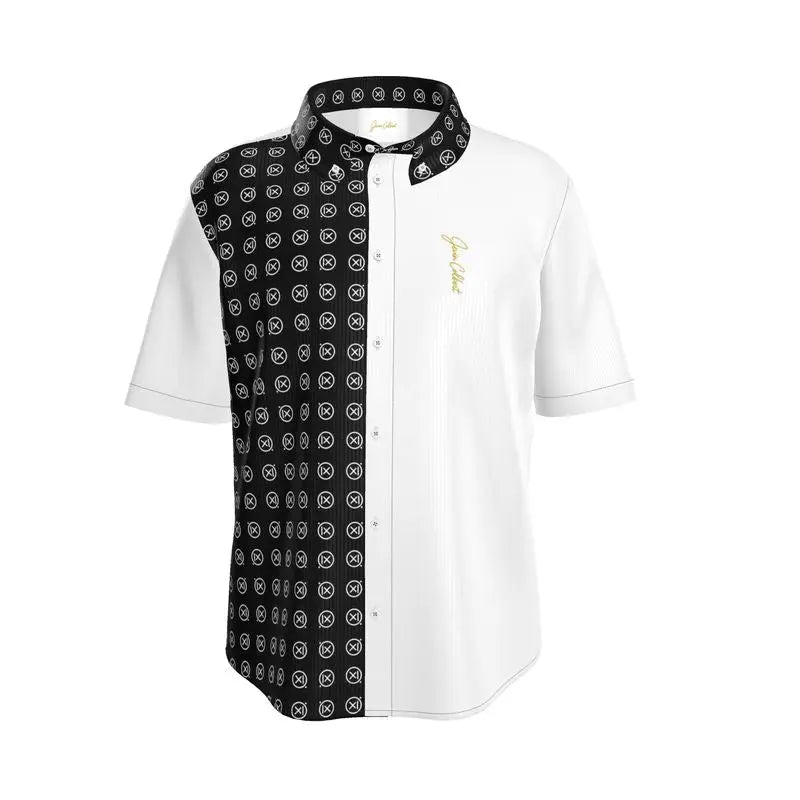 Men's short sleeve dress shirt, white with black patterned collar and placket