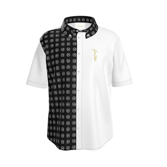 Men's short sleeve dress shirt, white with black patterned collar and placket