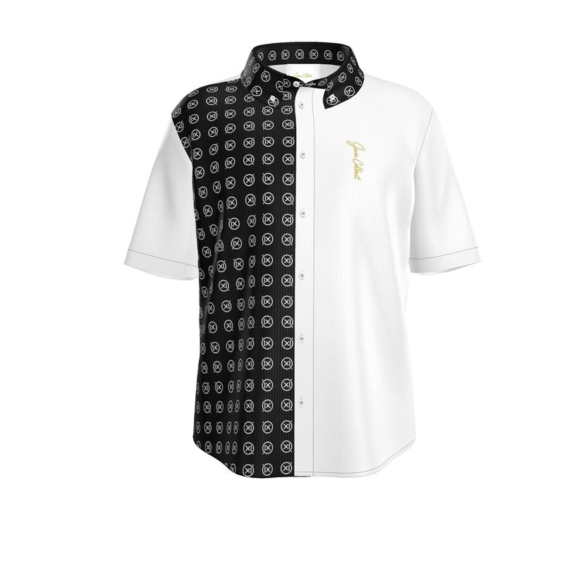 Men's short sleeve dress shirt, white body with black patterned center placket