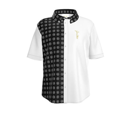 Men's short sleeve dress shirt, white body with black patterned center placket