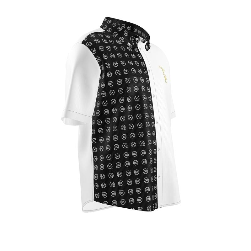Men's short sleeve dress shirt, white with black patterned center panel